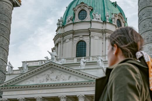 Posing in front of St. Charles Church one of the pretty places to take pictures in Vienna.