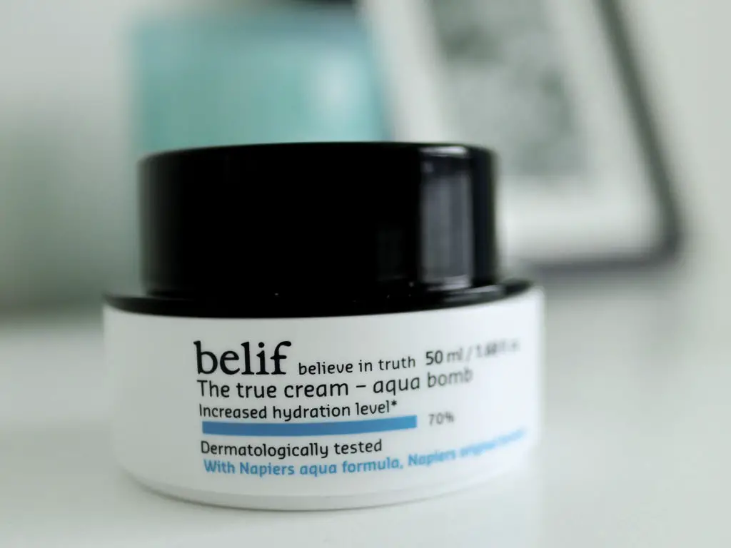 Container of Belif's true aqua bomb moisturizer which is an important step in following the  Korean skincare routine day and night