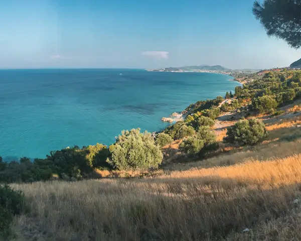 picture of the coast line from a mountain at Taverna Xigia. One of the top things to do in Zakynthos especially for a view. 
