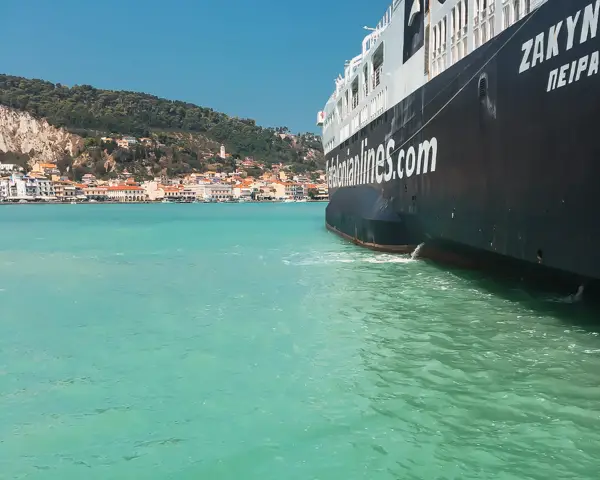 picture of a ferry almost to the Zakynthos port