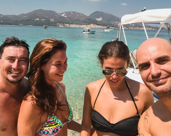 picture of me and friends at Turtle Island. One of the top things to do in Zakynthos with a boat. 