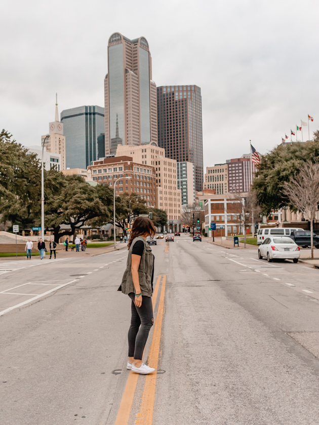 Posing in the middle of the street in Downtown Dallas by the Dallas Farmer's Market. 