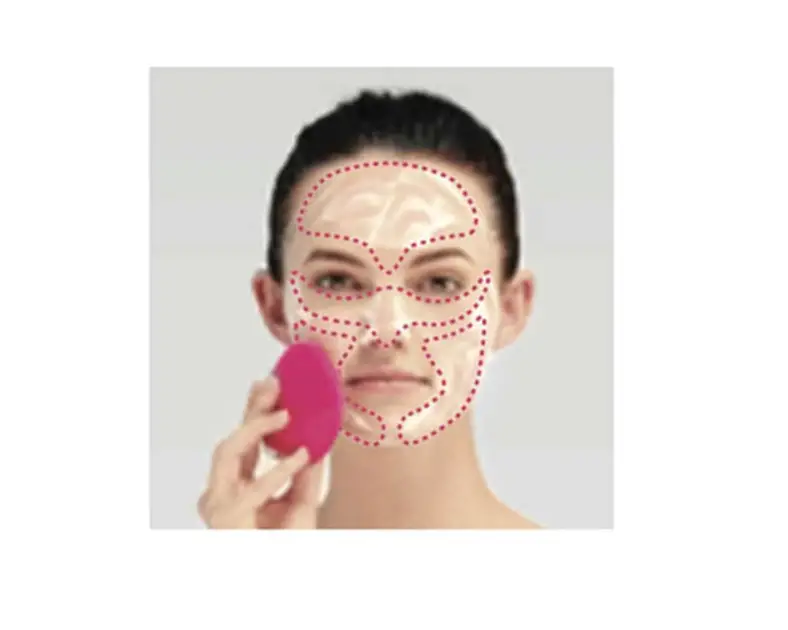 Picture of a woman cleaning face with Luna quadrants outlined. 