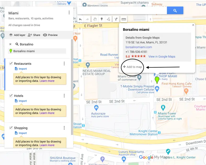 Arrow pointing to "Add To Map" selection on Google Map.