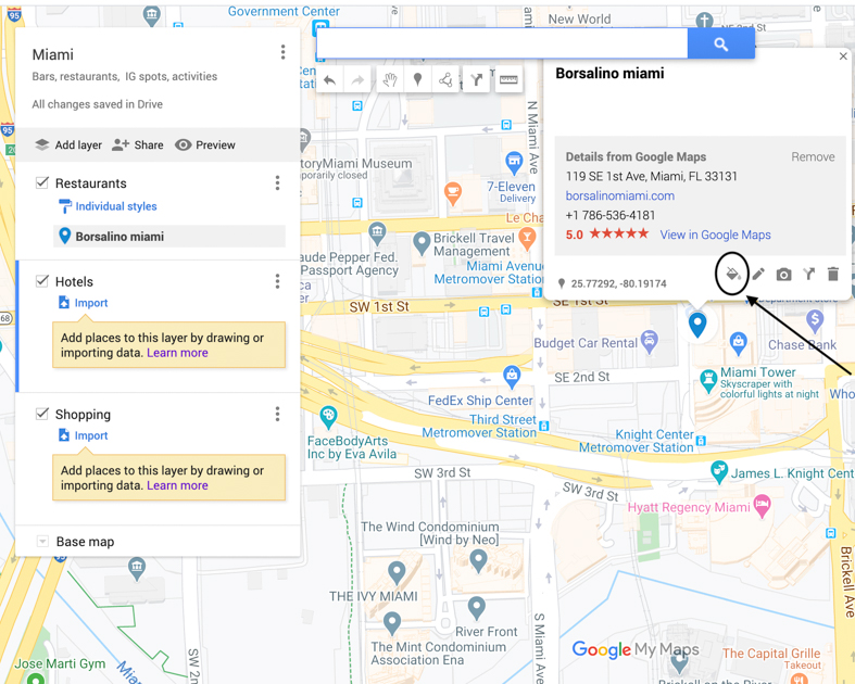 Arrow pointing to the paint bucket in Google Maps Trip Planner