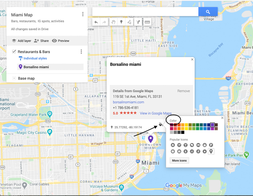 Arrow pointing to the colors for color coding in the Google Maps planner