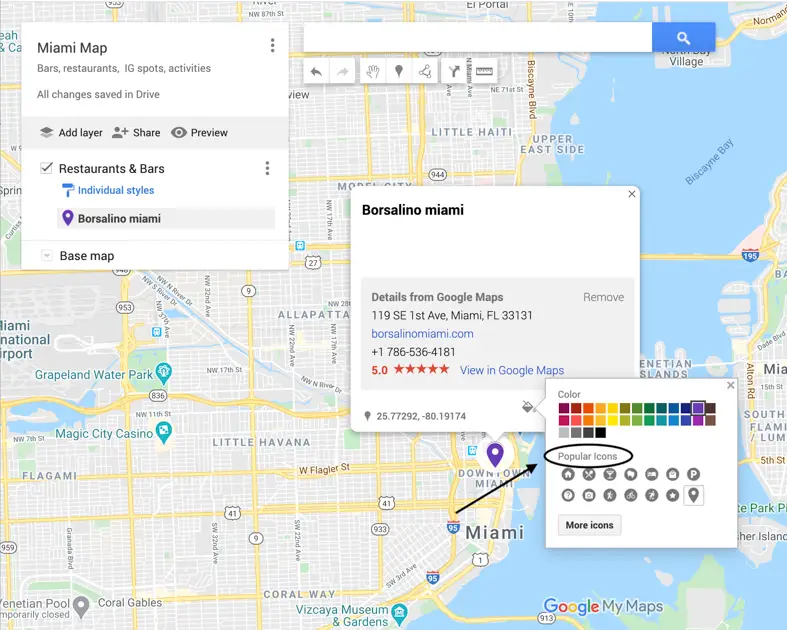 Arrow pointing to the popular icons and showing how to add them to your Google Maps Trip Planner