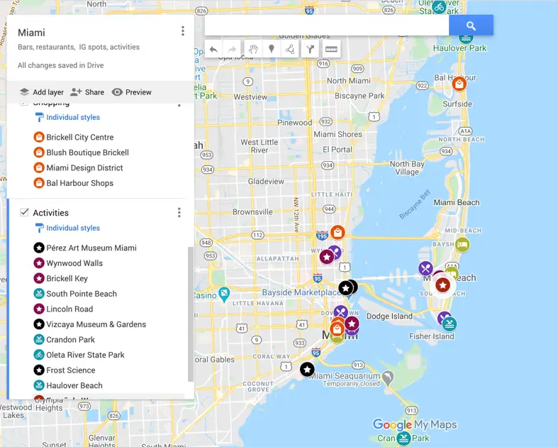 Google Map zoomed out to see all thee color-coding and icons.