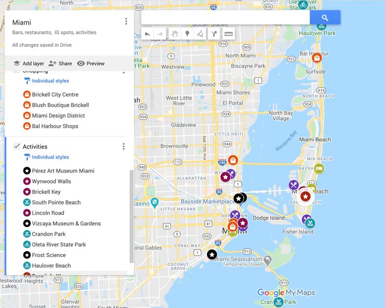 Google Map zoomed out to see all thee color-coding and icons.