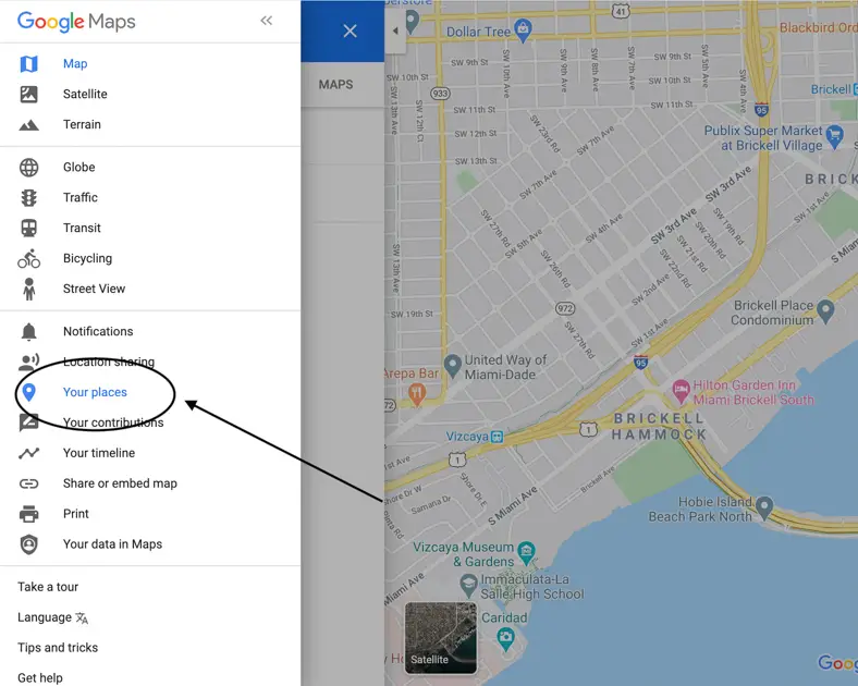 Google Map with an arrow pointing to "Your Places."