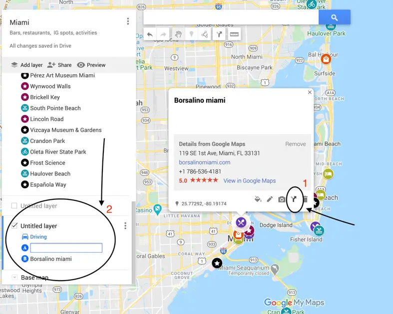 Arrows directing how to pull up directions on Google Maps. 