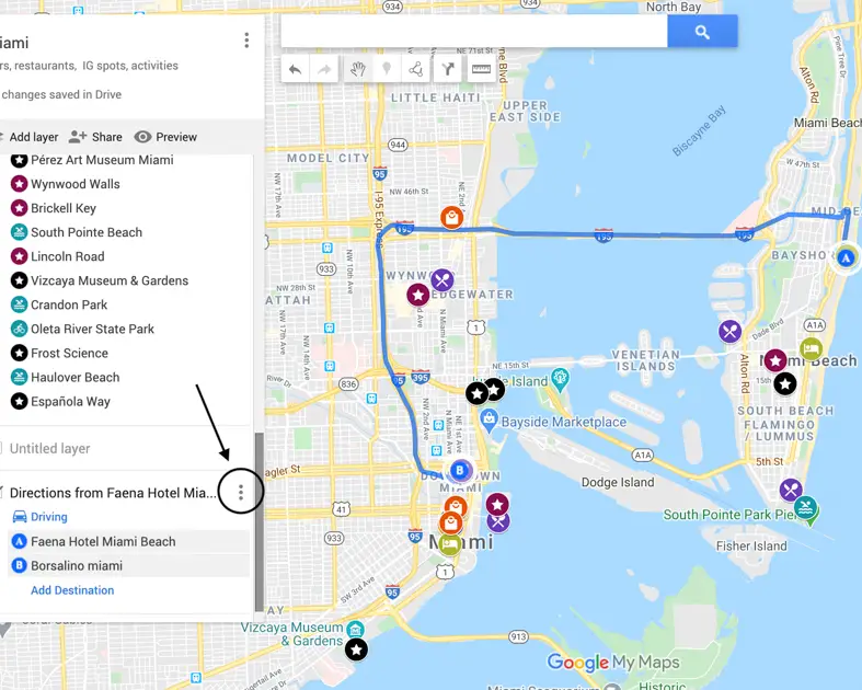 Arrow pointing to how to get step by step directions using Google Maps trip planner. 