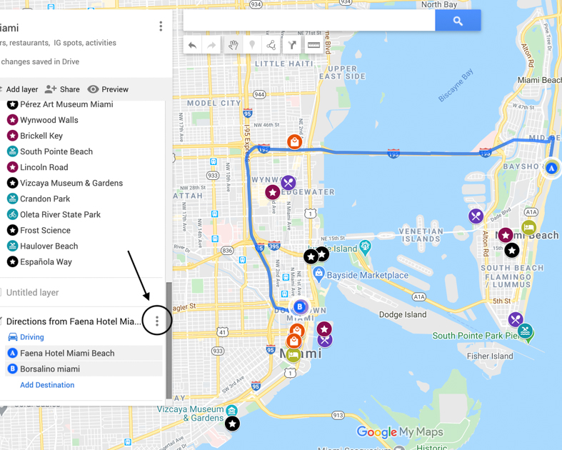 Arrow pointing to how to get step by step directions using Google Maps trip planner. 