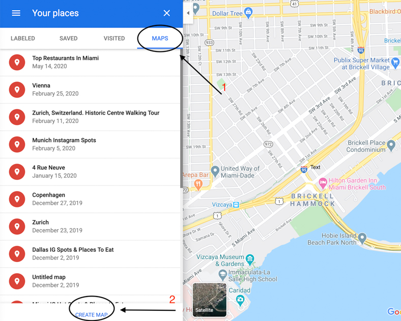 Arrows pointing to "Maps" and "Create Map" for visual directions. 