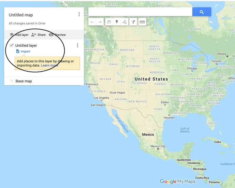 Circle around "Untitled Layer" in a Google Maps Trip Planner.