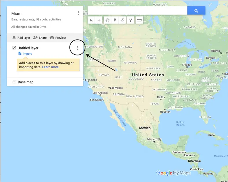 Arrow pointing to the 3 vertical dots on how to edit your category name in Google Maps trip planner
