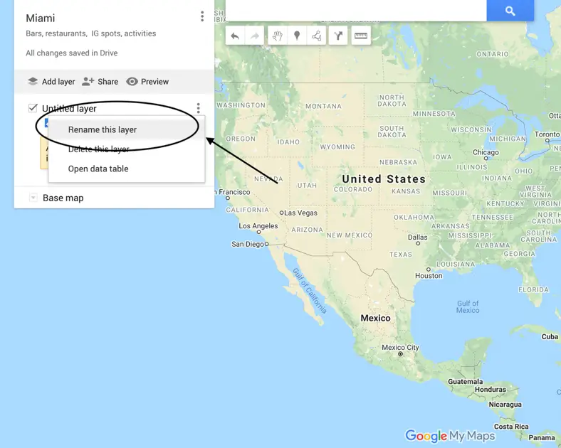 Arrow pointing to how to rename a layer in Google Maps