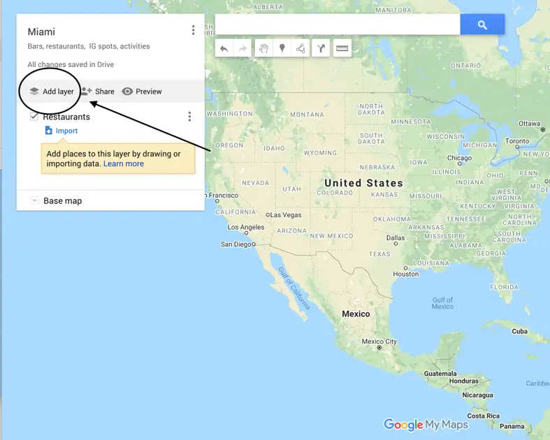 Arrow pointing to how to add "layers" in Google Maps.