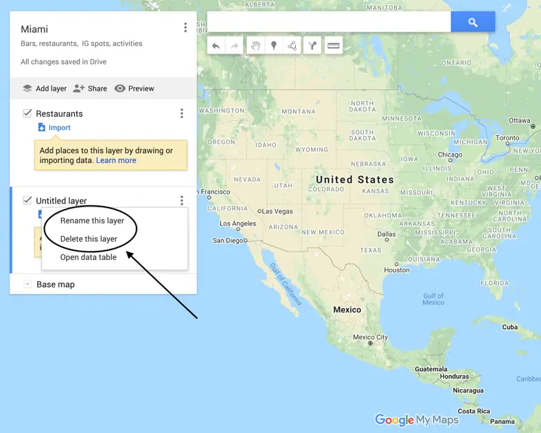 Arrow on Google Map pointing to how to rename or delete layer. 