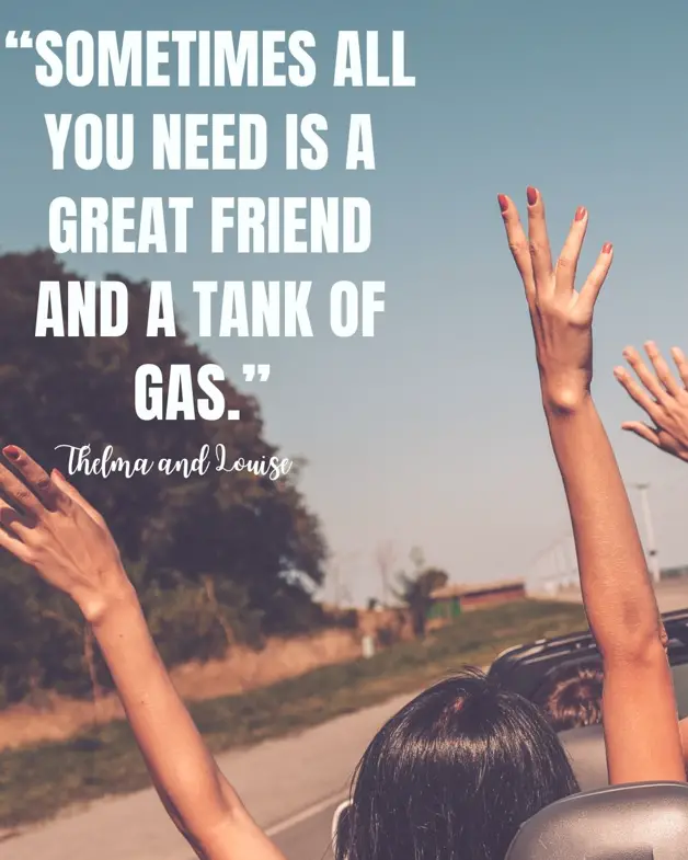 Pinterest pin of a friend travel quote saying "sometimes all you need is a great friend and a tank of gas." 