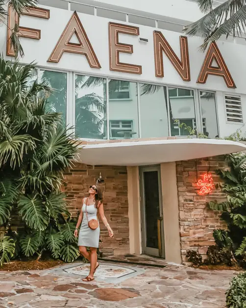 Me standing outside of the Faena Hotel one of the top places to take pictures in Miami.