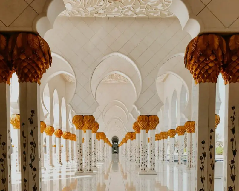 Long hallway in the Sheik Zayed Mosque seen during my Abu Dhabi day trip from Dubai