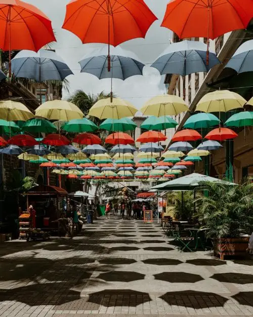 umbrellas hanging above on a street in Port Louis