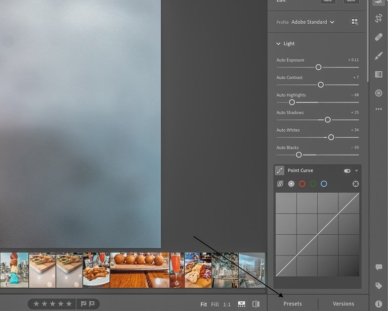 Picture of an arrow pointing to the "presets" button in Lightroom CC. 