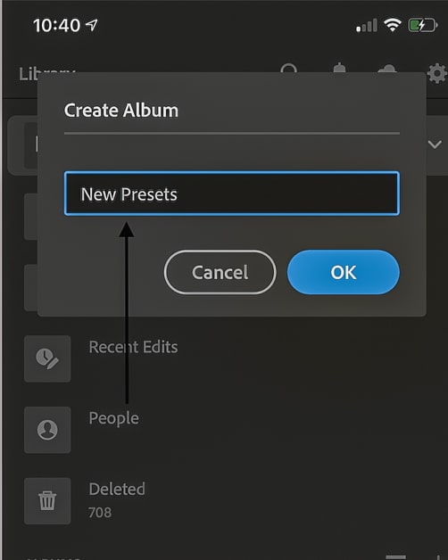Picture of the Create New Album in Lightroom mobile.