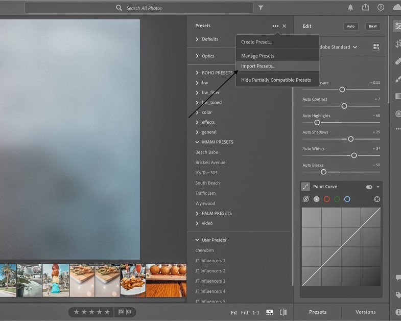 Arrow pointing to the Lightroom CC menu "Import Presets."