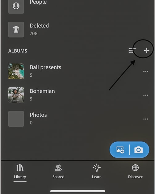 Picture of arrow pointing to "plus sign" in Lightroom Classic for mobile. 