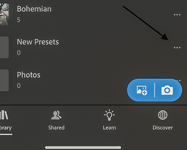 Picture of the 3 dots located in Lightroom mobile. 