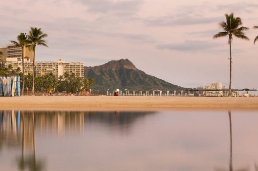 Waikiki Beach during sunset for Hawaii captions.