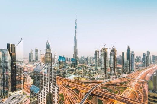 Dubai Instagram Captions photo of an aerial view of Dubai's skyline.