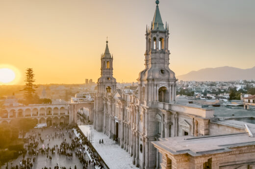 Arequipa, Peru square during dusk. One of the best cities in South America to visit.