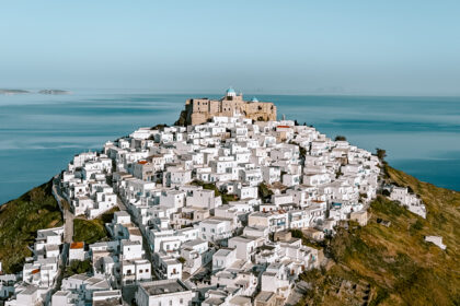 Drone view of the Astypalea castle and windmills one of the top things to do in Astypalea.