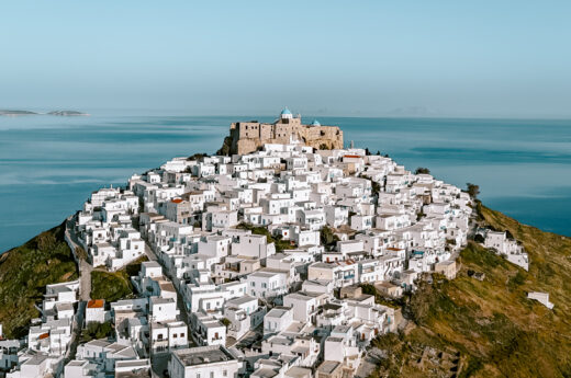 Drone view of the Astypalea castle and windmills one of the top things to do in Astypalea.