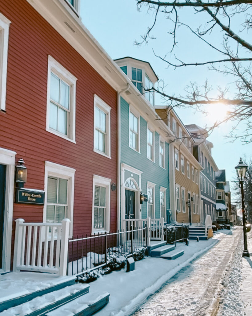 Colorful row of homes in Charlottetown one of the most beautiful towns in Canada. 