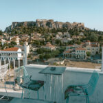 View of the Acropolis from the rooftop bar in Athens Anglais Athens.