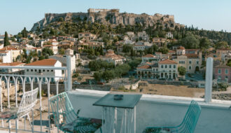 View of the Acropolis from the rooftop bar in Athens Anglais Athens.