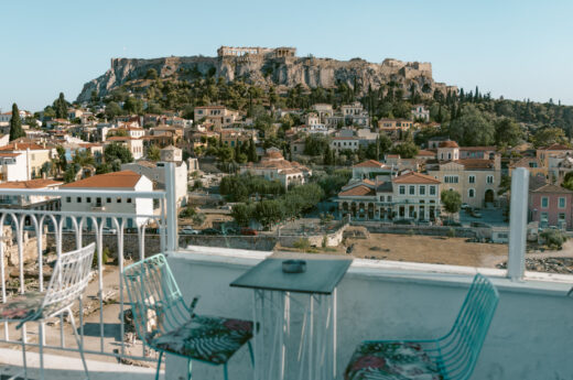 View of the Acropolis from the rooftop bar in Athens Anglais Athens.