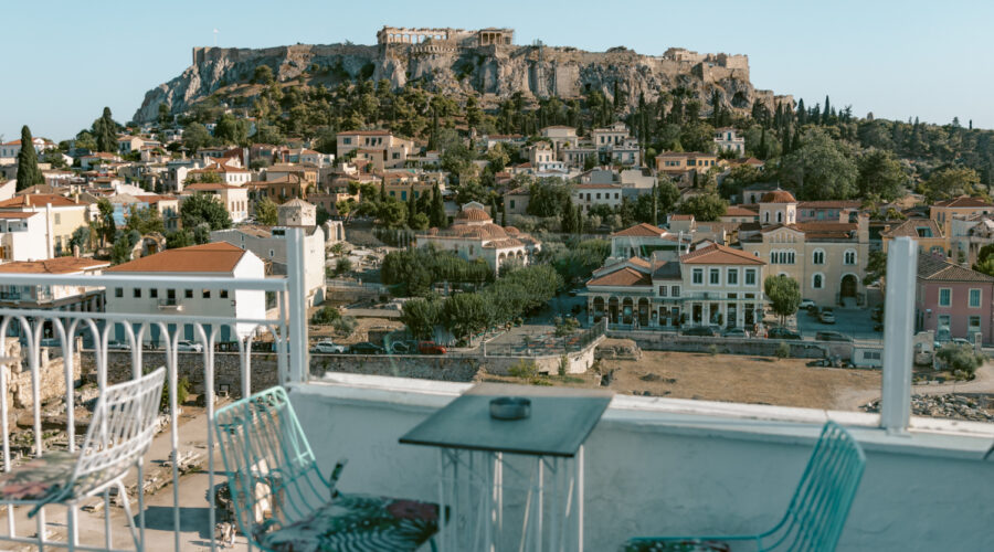 View of the Acropolis from the rooftop bar in Athens Anglais Athens.