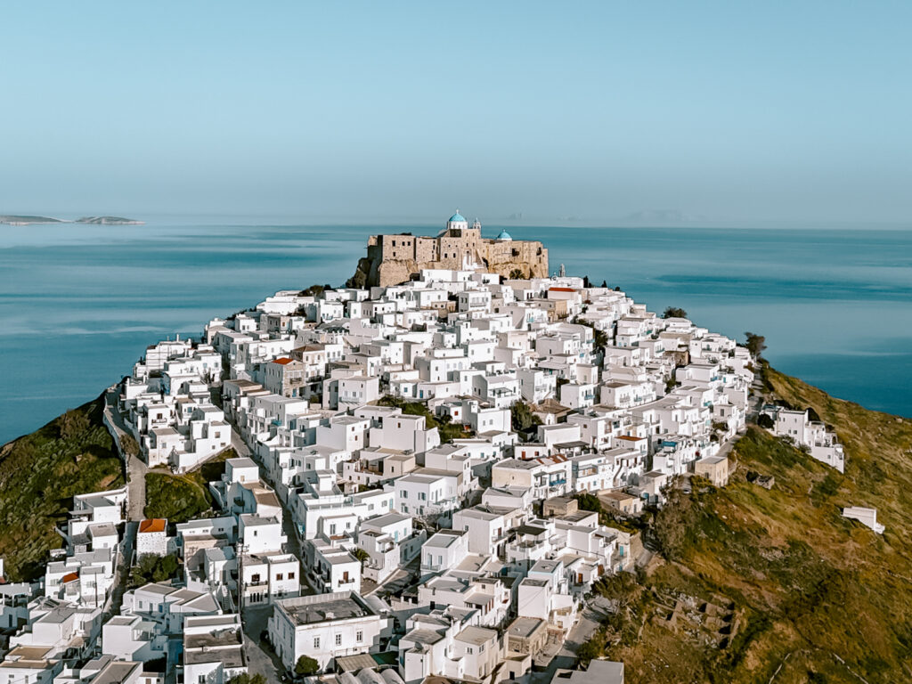 Aerial view of Kastro in Astypalea one of the best Greek islands to visit. 